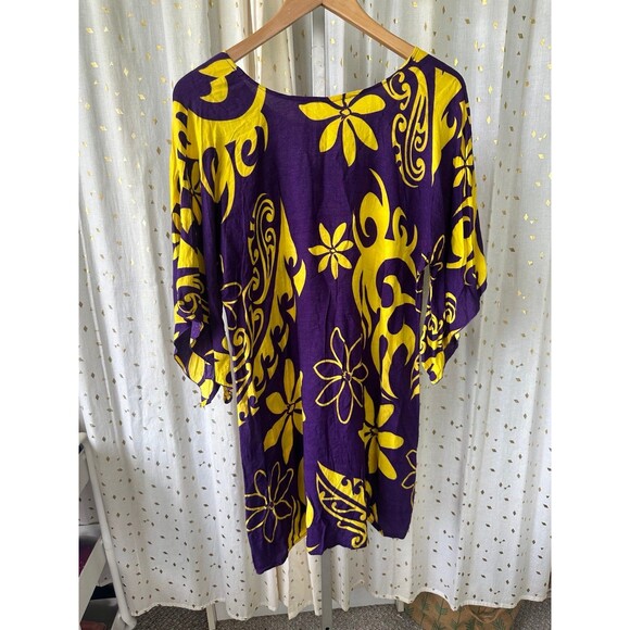 Hula Bay Purple Yellow Hawaiian Floral Tiare Waterfall Bell Sleeves Mini Dress M - Picture 4 of 5